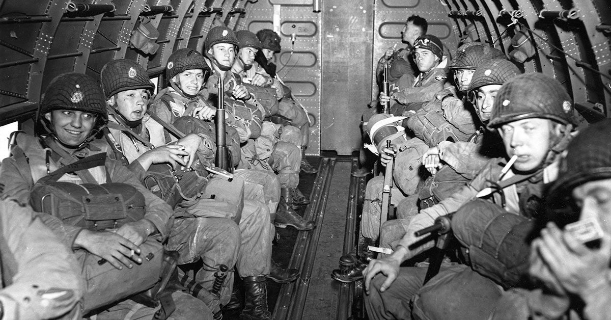American Paratroopers fly over the English Channel enroute to play a key role in the invasion of France, June 6, 1944, by landing along a 100 mile front of the Normandy coast. (AP Photo/U.S. SIgnal Corps, Handout) ASSOCIATED PRESS