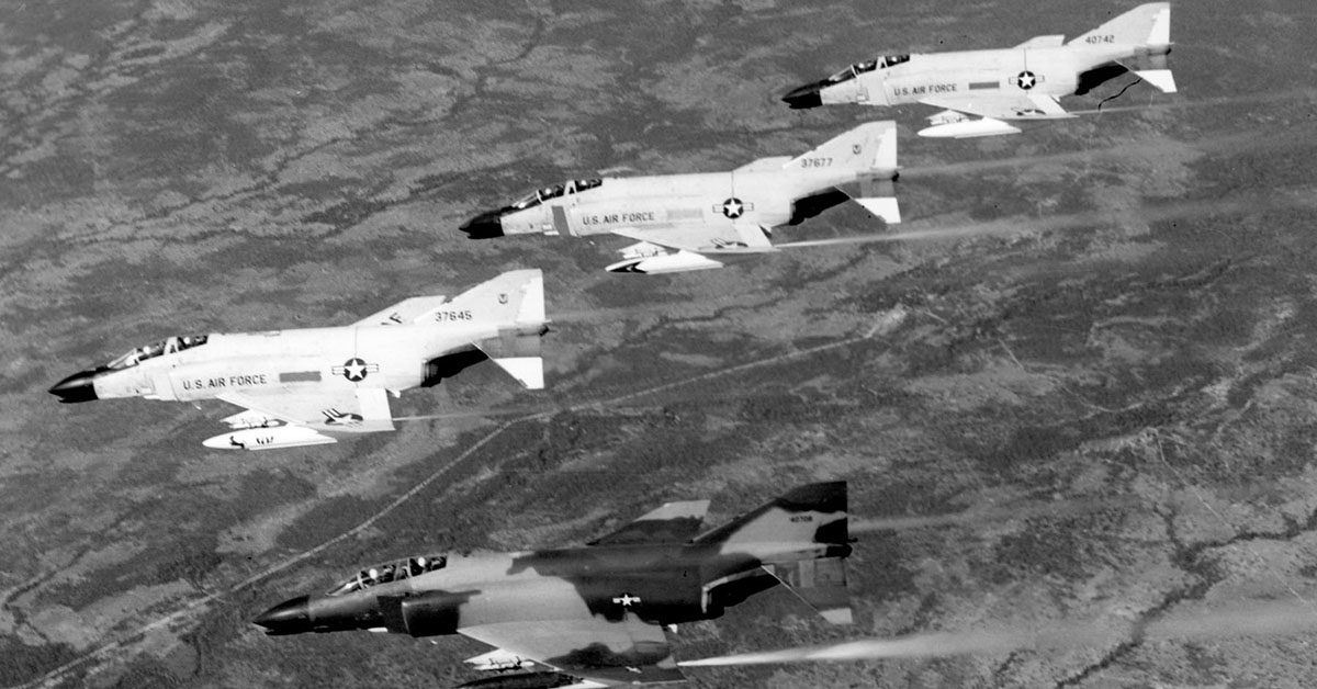 Saigon (7AF)-Phantom fighters- These are the Air Force's F-4C Phantom jet fighters, the same kind that downed seven communist MIG-21s over the Red River Valley in North Vietnam Jan. 2. The two-man fighters have claimed 23 of the 27 downed by Air Force pilots thus far in the Vietnam war.